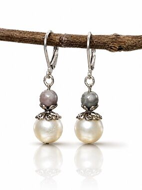 Boho Pearl Drop Earrings, Mixed Stone Beads, Artisan Dangle